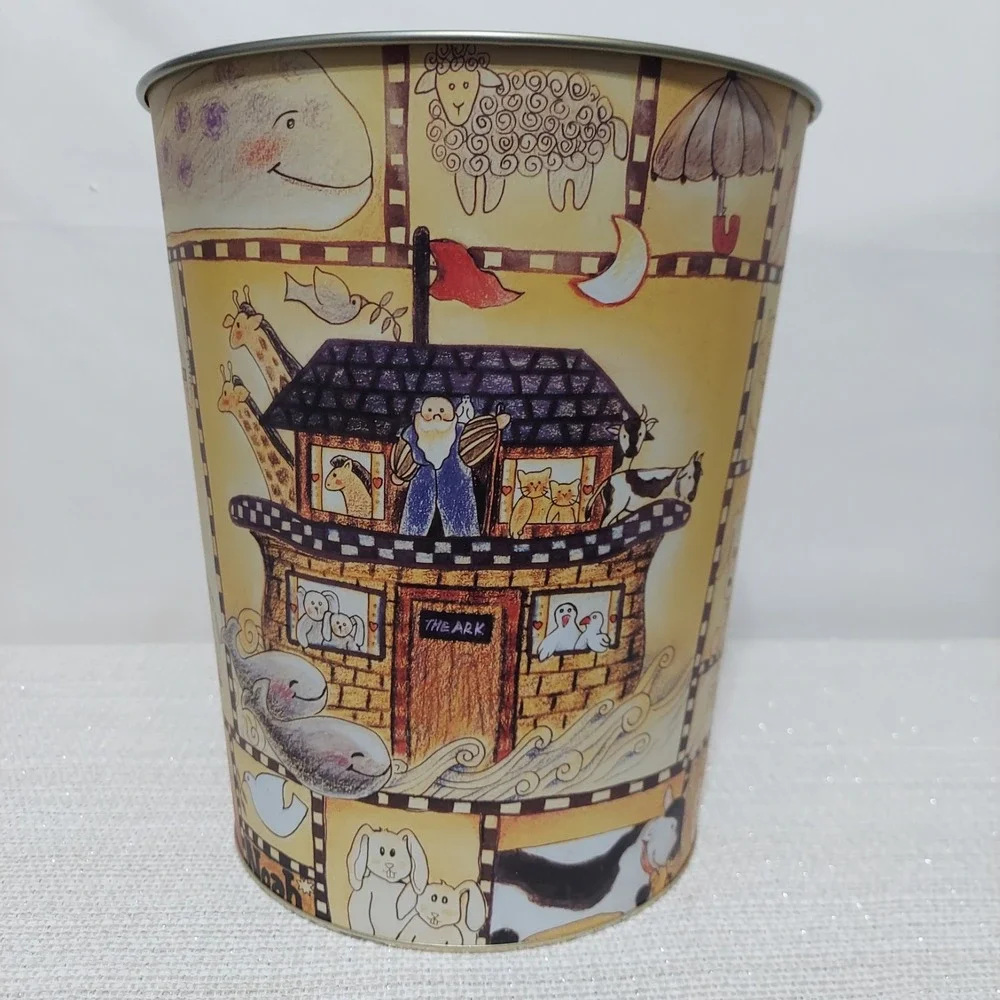 Vintage 1996 Noahs Ark & Animals Metal Trash‎ Can Waste Basket Giraffe Elephant